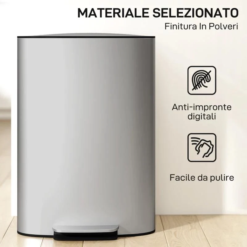 PATTUMIERA A PEDALE DA 50L CON COPERCHIO AMMORTIZZATO, APERTURA A 90¦ E SECCHIO RIMOVIBILE, ACCIAIO INOX, GRIGIO - Image 3