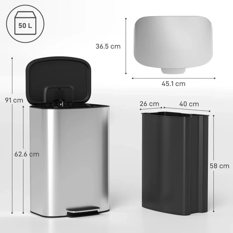 PATTUMIERA A PEDALE DA 50L CON COPERCHIO AMMORTIZZATO, APERTURA A 90¦ E SECCHIO RIMOVIBILE, ACCIAIO INOX, GRIGIO - Image 5