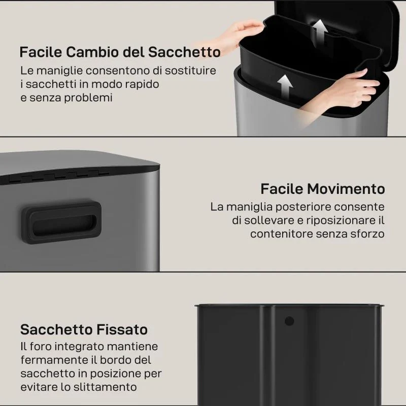 PATTUMIERA A PEDALE DA 50L CON COPERCHIO AMMORTIZZATO, APERTURA A 90¦ E SECCHIO RIMOVIBILE, ACCIAIO INOX, GRIGIO - Image 6