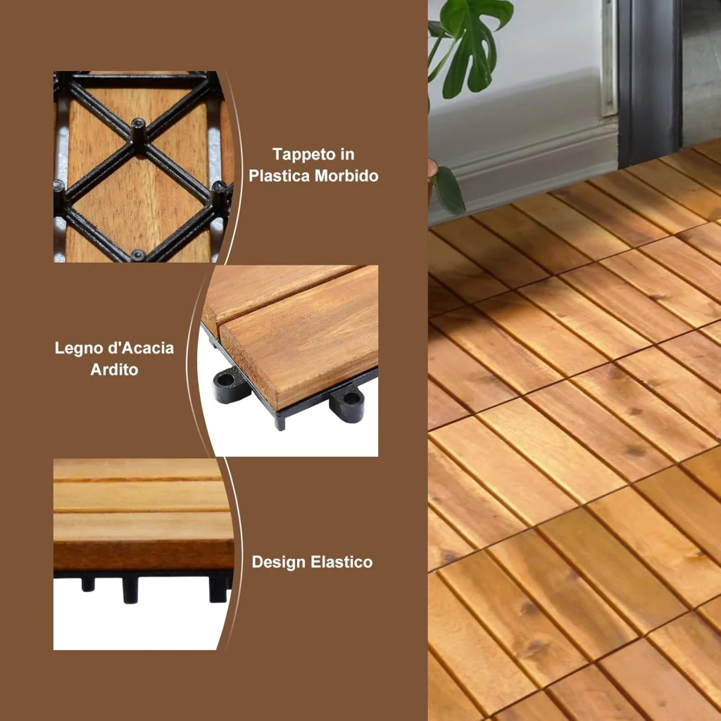 Pavimento Esterno in Legno di Acacia, 27 Piastrelle 30 x 30 cm, Senza Attrezzi, Superficie 2,43 ㎡, Mattonelle in legno per Interno Esterno Balcone Soggiorno (Stile 2) - Image 6