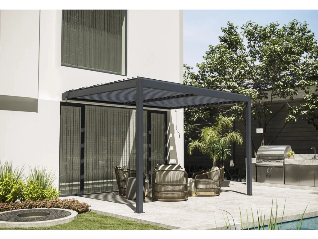Pergola bioclimatica addossata "Windsor" con led - 3 x 4 m - Antracite - Image 2