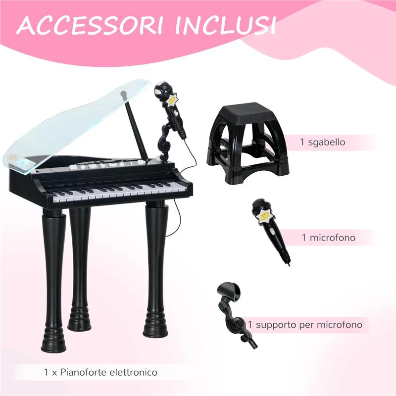 PIANOFORTE PER BAMBINI A 32 TASTI CON SGABELLO, MICROFONO, MUSICHE, LUCI E GAMBE RIMOVIBILI, NERO - Image 7