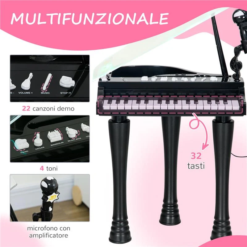 PIANOFORTE PER BAMBINI A 32 TASTI CON SGABELLO, MICROFONO, MUSICHE, LUCI E GAMBE RIMOVIBILI, NERO - Image 8