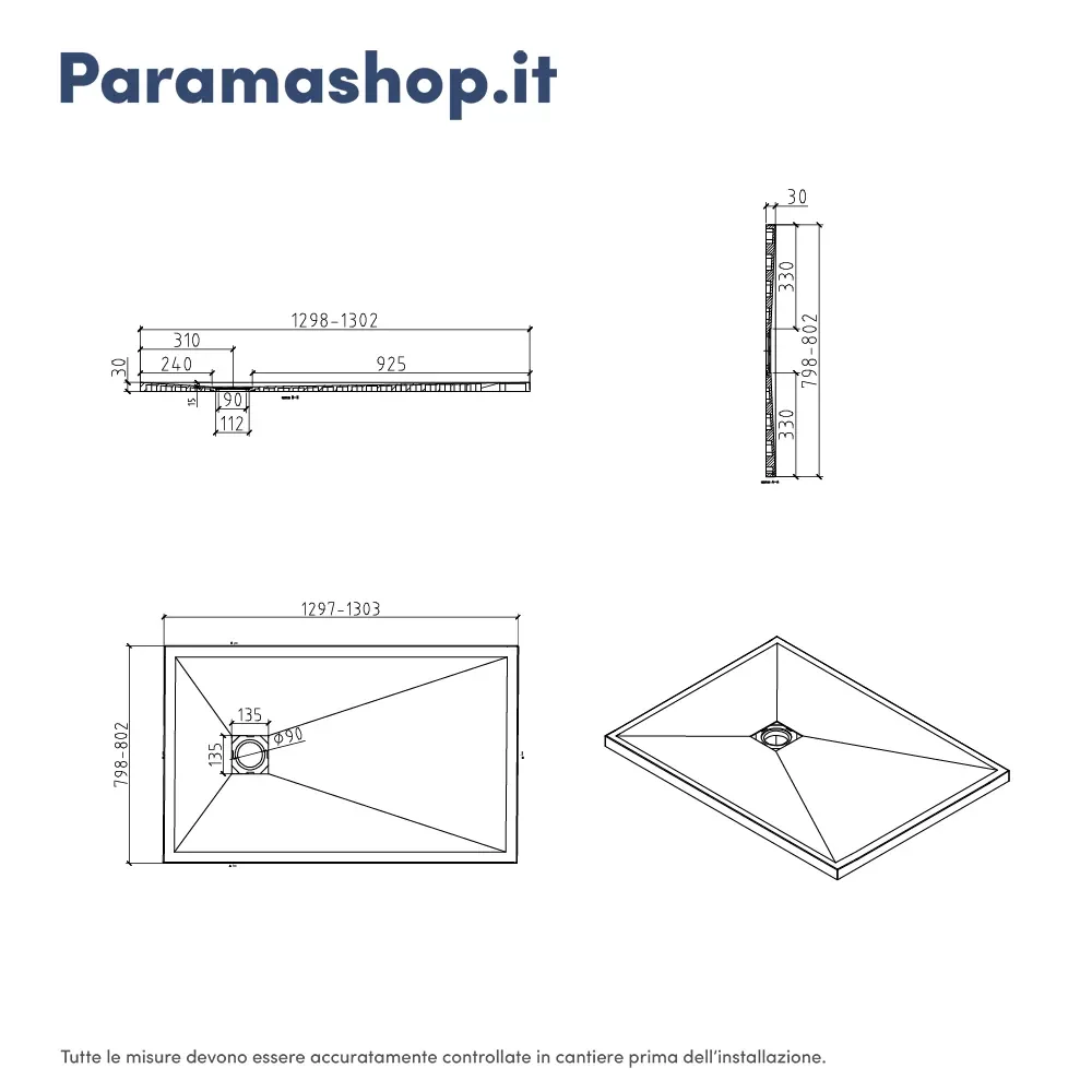 Piatto doccia rettangolare 80x130 cm in marmoresina bianco effetto pietra h3 cm | Milos - Image 3