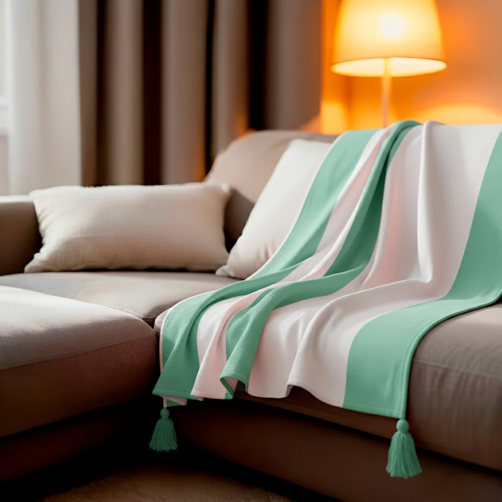 Plaid in cotone verde e bianco con pompon 180x220 cm SLAVIA - Image 7