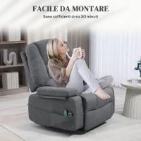 Poltrona Alzapersona Reclinabile con 8 Punti Massaggianti, in Tessuto Effetto Lino, 97x90x102 cm, Grigio - Image 8