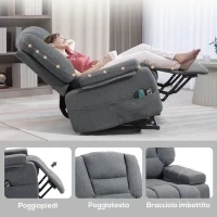 Poltrona Alzapersona Reclinabile con 8 Punti Massaggianti, in Tessuto Effetto Lino, 97x90x102 cm, Grigio - Image 9