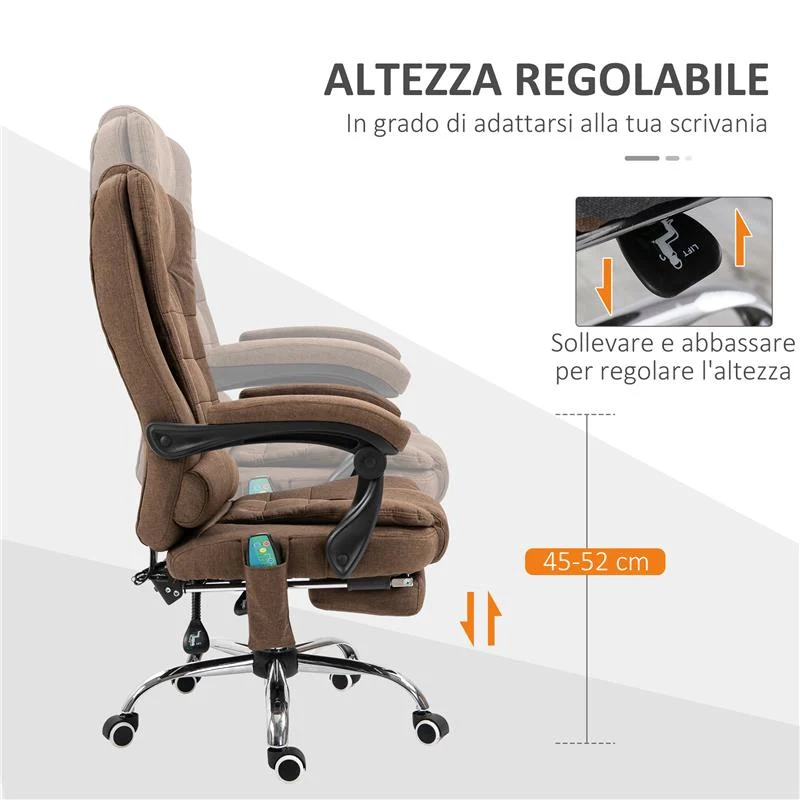 POLTRONA DA UFFICIO MASSAGGIANTE CON RISCALDAMENTO, RECLINAZIONE E ALTEZZA REGOLABILE, MARRONE - Image 4