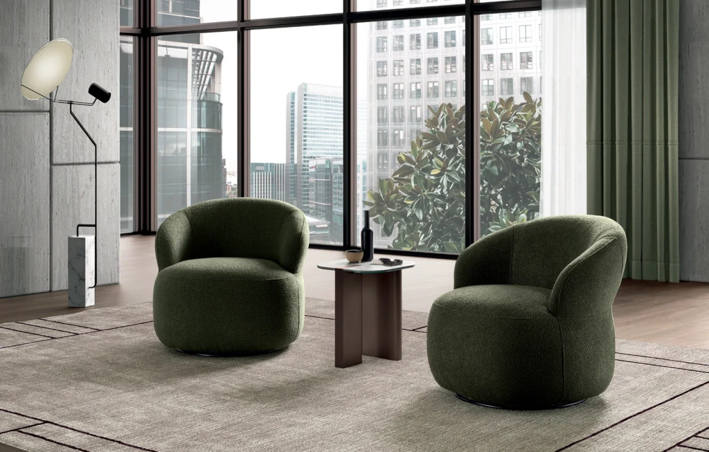 Poltrona Julep Girevole in tessuto bouclé color Verde Scuro e struttura in metallo nero - Stones