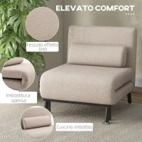 Poltrona Letto Singolo 3 in 1 con Schienale Reclinabile su 5 Livelli, Cuscino Imbottito e Materasso, Divano Letto Singolo Pieghevole per Soggiorno, in Acciaio, Lino, 75x70x75cm, Beige - Image 5