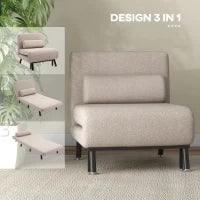 Poltrona Letto Singolo 3 in 1 con Schienale Reclinabile su 5 Livelli, Cuscino Imbottito e Materasso, Divano Letto Singolo Pieghevole per Soggiorno, in Acciaio, Lino, 75x70x75cm, Beige - Image 6