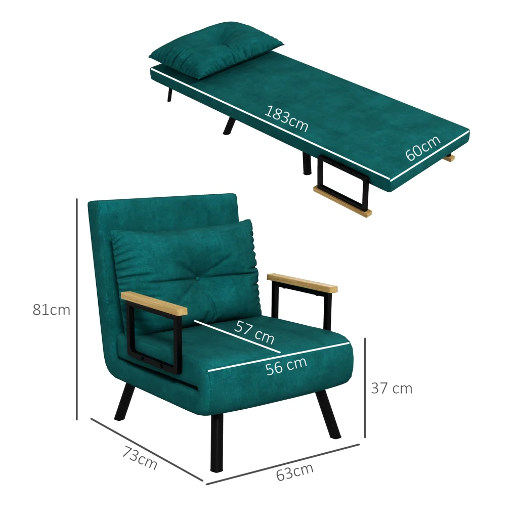 Poltrona Letto Singolo Reclinabile con Cuscino Sfoderabile in Tessuto Effetto Lino Verde - Image 3