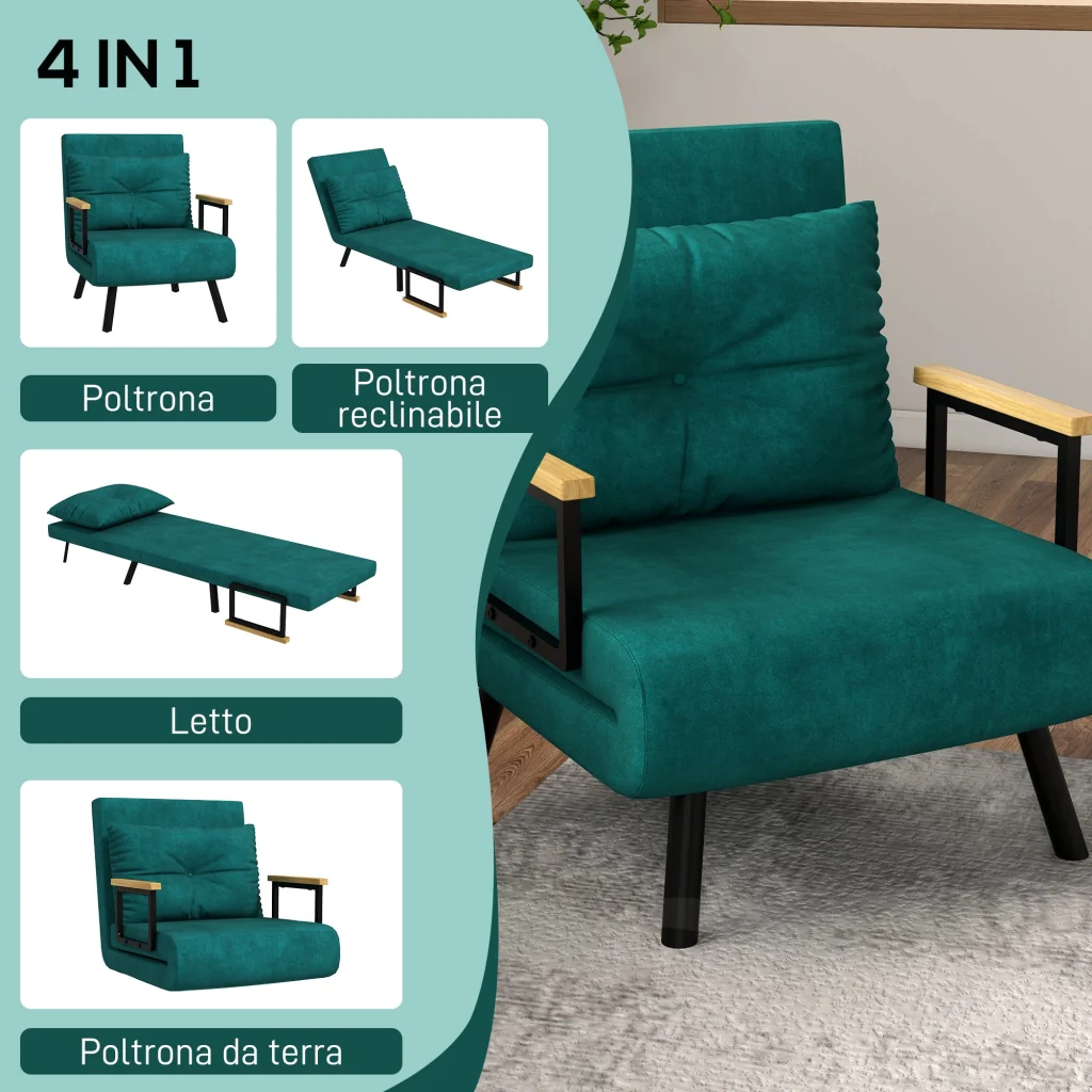 Poltrona Letto Singolo Reclinabile con Cuscino Sfoderabile in Tessuto Effetto Lino Verde - Image 4