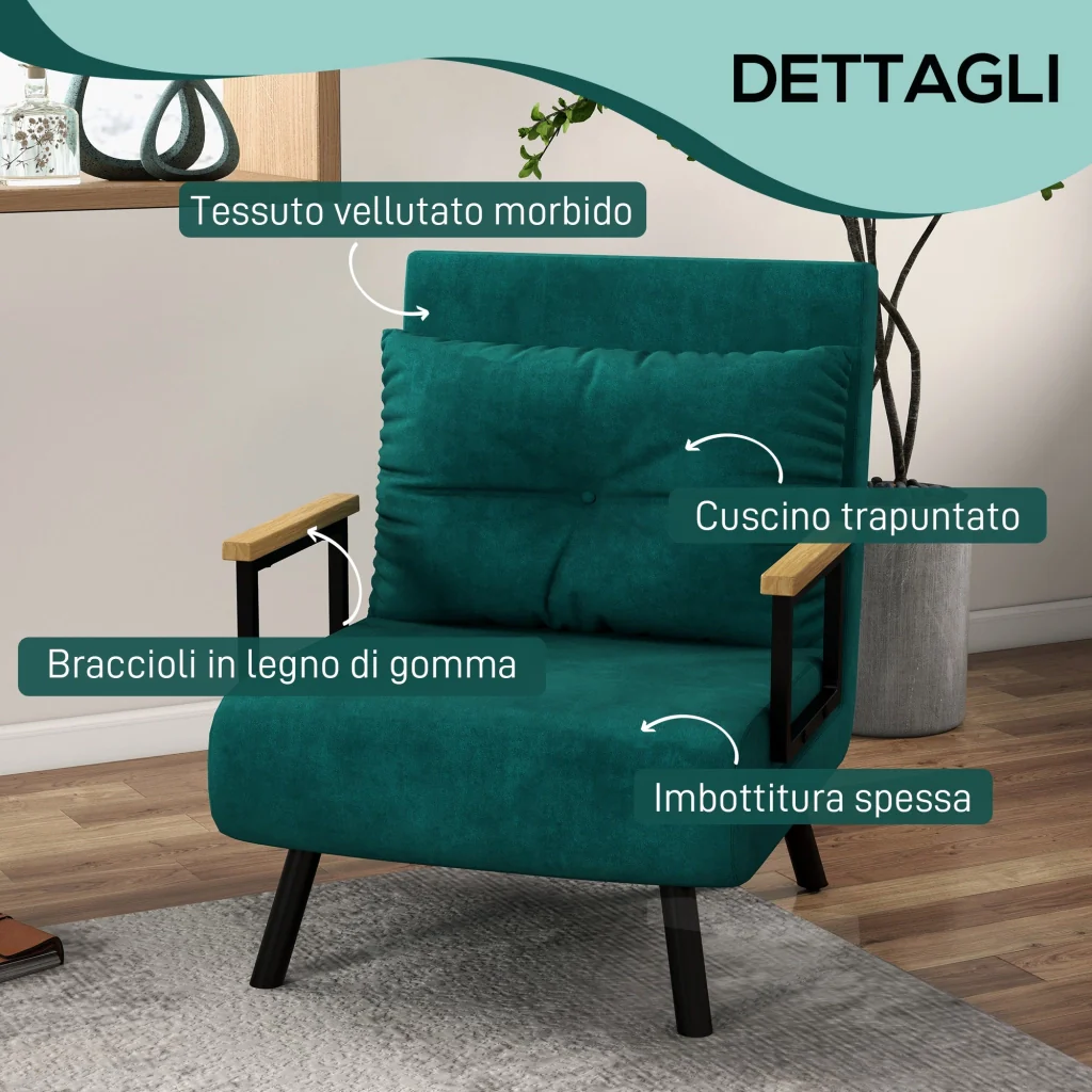 Poltrona Letto Singolo Reclinabile con Cuscino Sfoderabile in Tessuto Effetto Lino Verde - Image 6