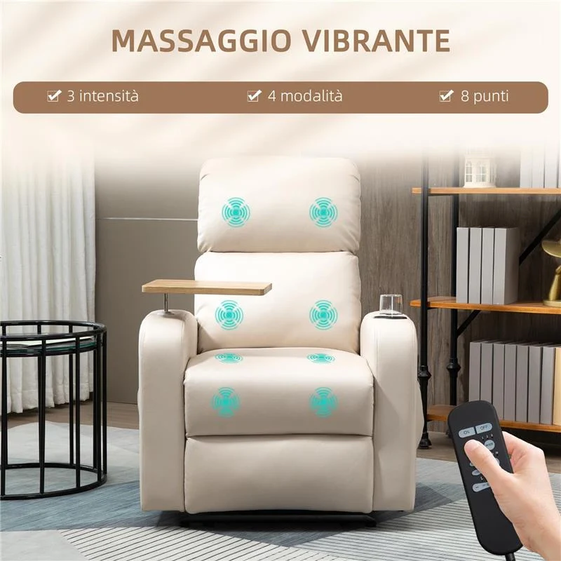 POLTRONA MASSAGGIANTE E RECLINABILE CON POGGIAPIEDI E TELECOMANDO IN MICROFIBRA 77X93X105 CM BEIGE - Image 7