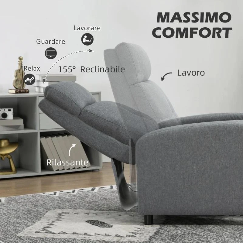 POLTRONA RECLINABILE 155¦ MAX IN TESSUTO EFFETTO LINO GRIGIO CON POGGIAPIEDI, 67X87X98 CM - Image 3