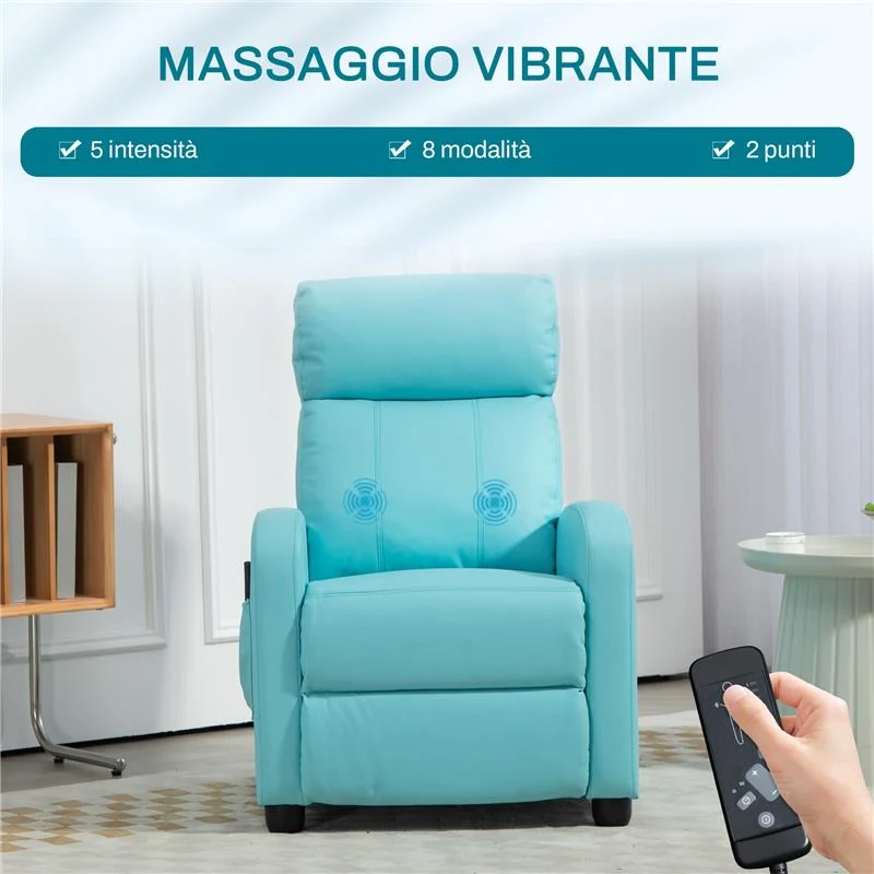 POLTRONA RELAX MASSAGGIANTE CON TELECOMANDO E 8 PROGRAMMI, RECLINAZIONE E POGGIAPIEDI, AZZURRO - Image 8