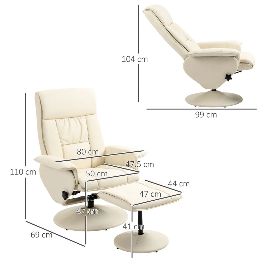 POLTRONA RELAX RECLINABILE CON SEDUTA GIREVOLE E POUF POGGIAPIEDI 80X69X110CM CREMA - Image 3