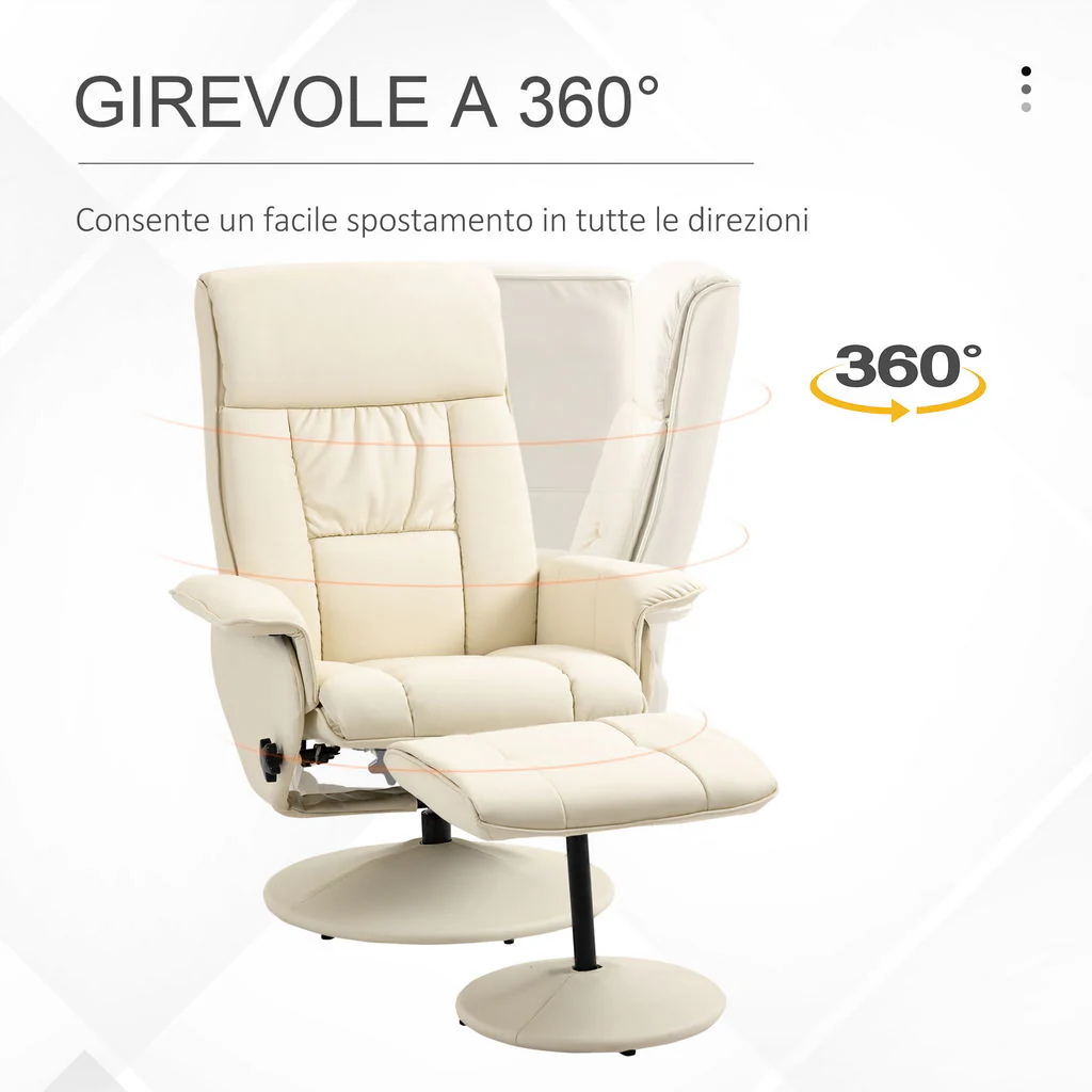 POLTRONA RELAX RECLINABILE CON SEDUTA GIREVOLE E POUF POGGIAPIEDI 80X69X110CM CREMA - Image 4