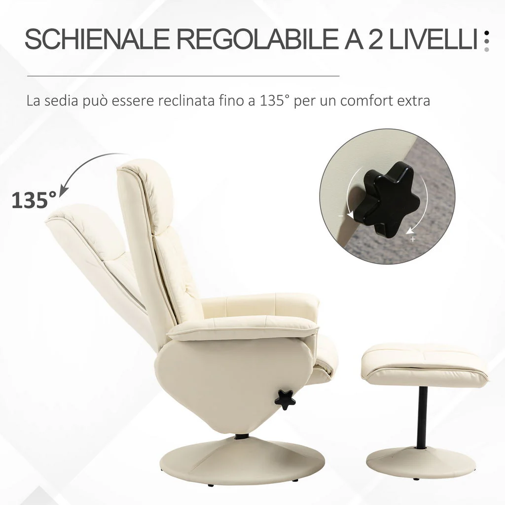 POLTRONA RELAX RECLINABILE CON SEDUTA GIREVOLE E POUF POGGIAPIEDI 80X69X110CM CREMA - Image 5