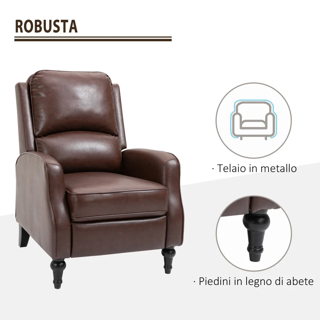 Poltrona Relax Reclinabile Manuale in Similpelle Marrone - Image 4