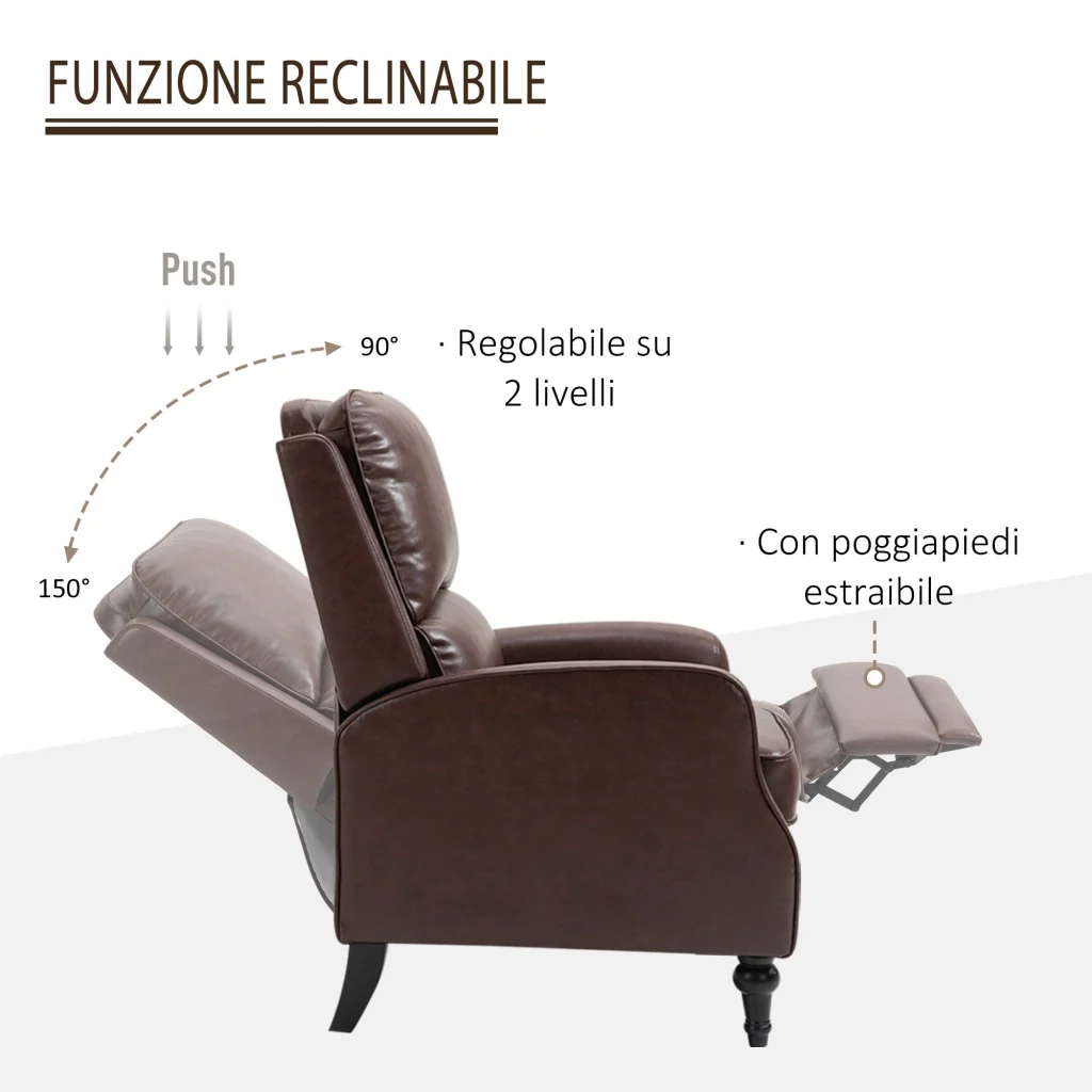 Poltrona Relax Reclinabile Manuale in Similpelle Marrone - Image 5