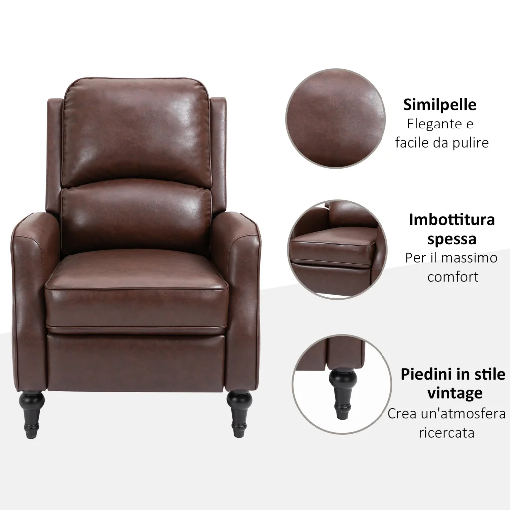 Poltrona Relax Reclinabile Manuale in Similpelle Marrone - Image 6