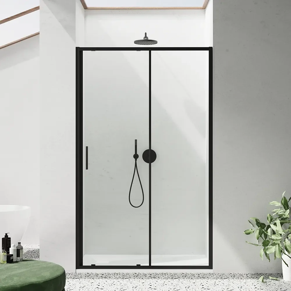 Porta doccia 140cm profili slim nero opaco vetro 6mm trasparente h190 | Portofino