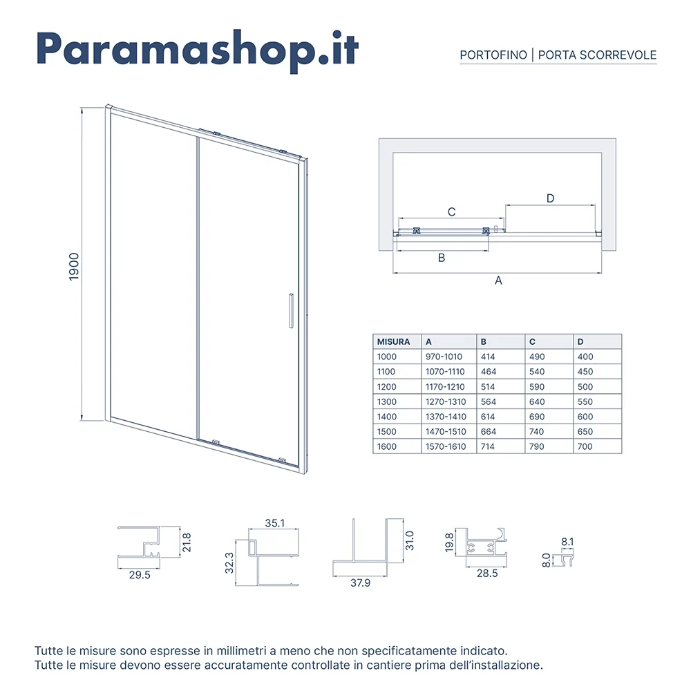 Porta doccia 140cm profili slim nero opaco vetro 6mm trasparente h190 | Portofino - Image 8
