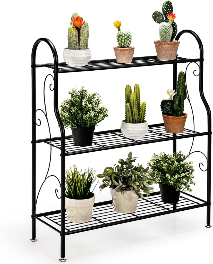 Porta Piante in Metallo a 3 Livelli, Scaffale Portavasi Interno ed Esterno con Elegante Motivo a Volute, Scaffale a Scala Multifunzionale per Casa, Giardino, Balcone e Corridoio