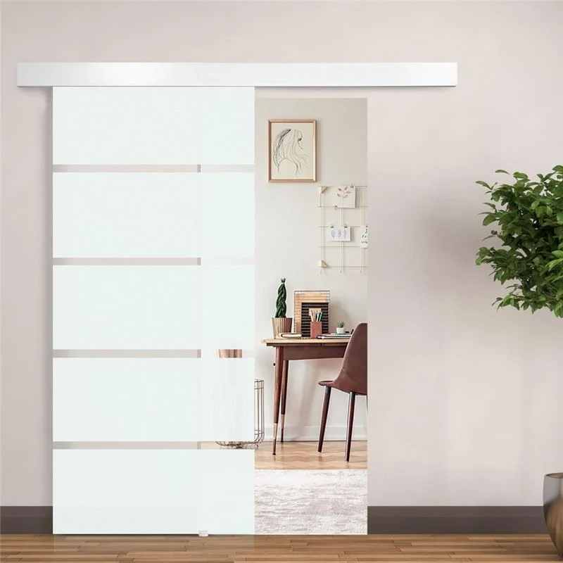 PORTA SCORREVOLE IN VETRO SATINATO CON STRISCE TRASPARENTI A BINARIO 90X205CM - Image 7