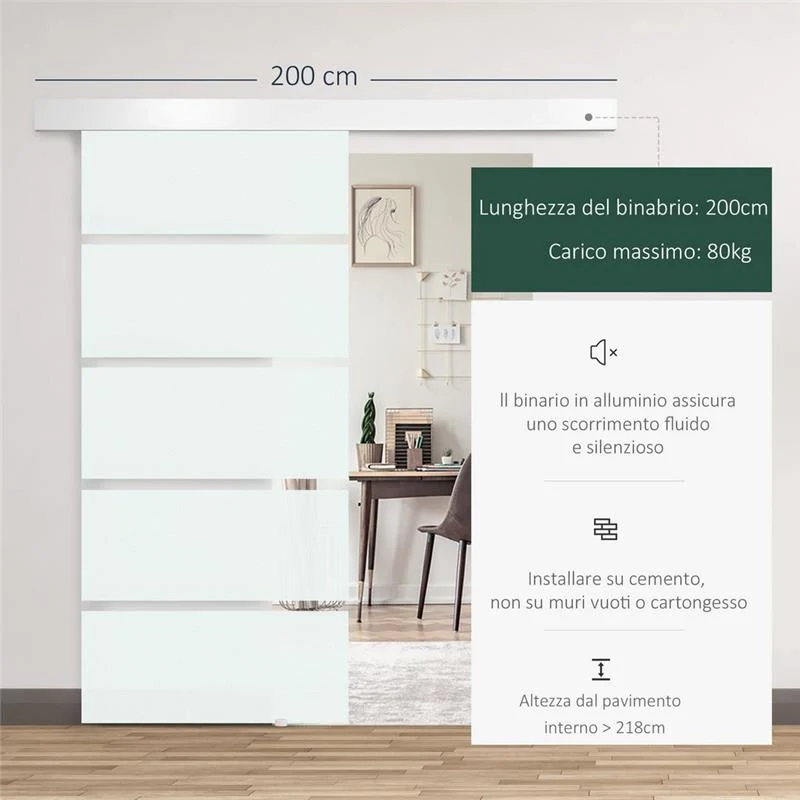 PORTA SCORREVOLE IN VETRO SATINATO CON STRISCE TRASPARENTI A BINARIO 90X205CM - Image 8