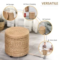 Pouf Contenitore Rotondo Stile Boho con Rivestimento Naturale, Tavolino da Salotto Ø43x43cm, Kaki - Image 5