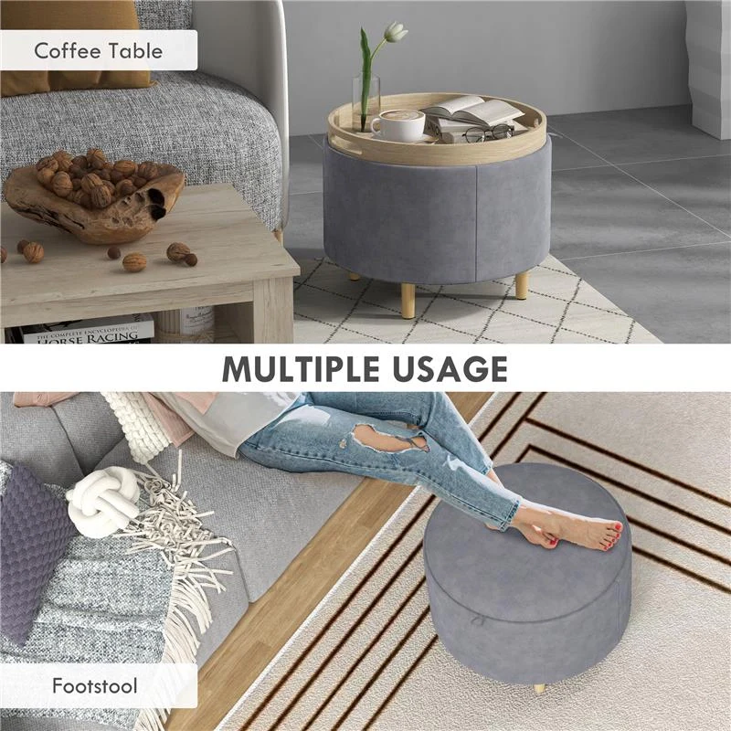 POUF CONTENITORE VELLUTATO DA 120 KG MAX CON VASSOIO A RIBALTA, IN MDF E ROVERE, 56X56X42 CM, GRIGIO - Image 4