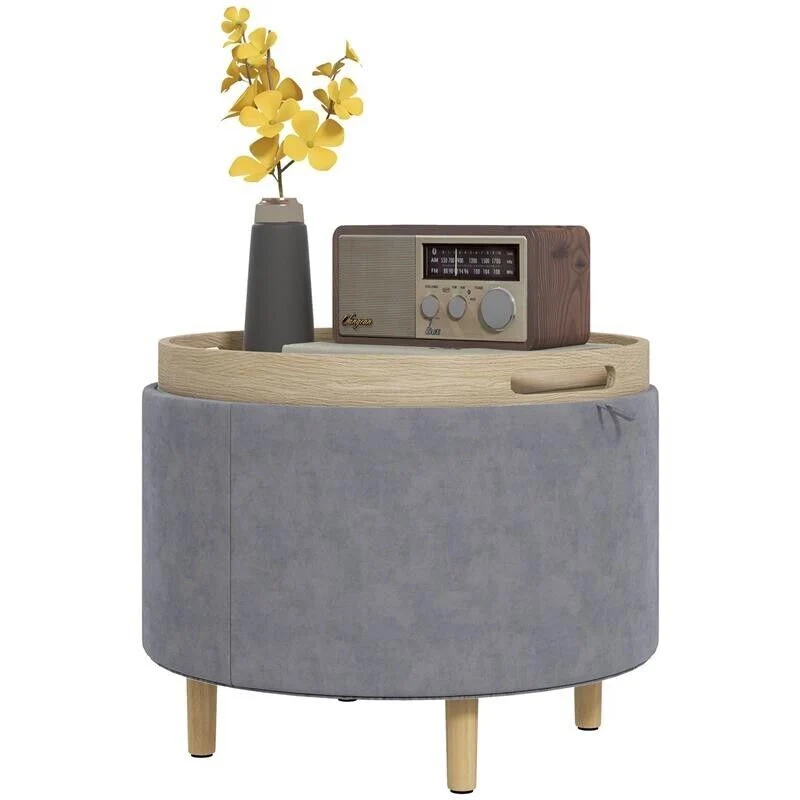 POUF CONTENITORE VELLUTATO DA 120 KG MAX CON VASSOIO A RIBALTA, IN MDF E ROVERE, 56X56X42 CM, GRIGIO - Image 5