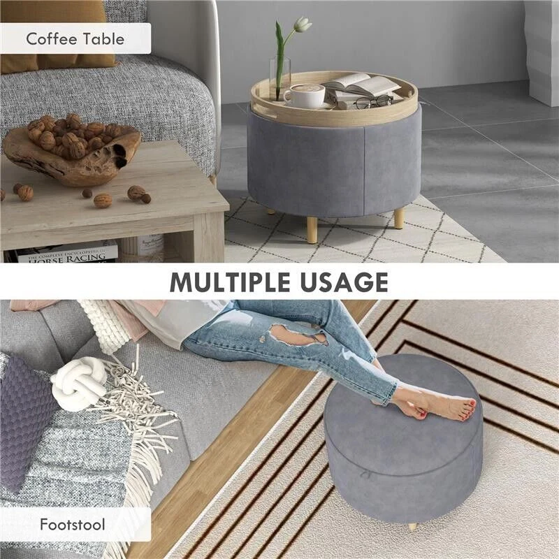 POUF CONTENITORE VELLUTATO DA 120 KG MAX CON VASSOIO A RIBALTA, IN MDF E ROVERE, 56X56X42 CM, GRIGIO - Image 6