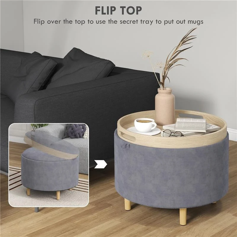 POUF CONTENITORE VELLUTATO DA 120 KG MAX CON VASSOIO A RIBALTA, IN MDF E ROVERE, 56X56X42 CM, GRIGIO - Image 7