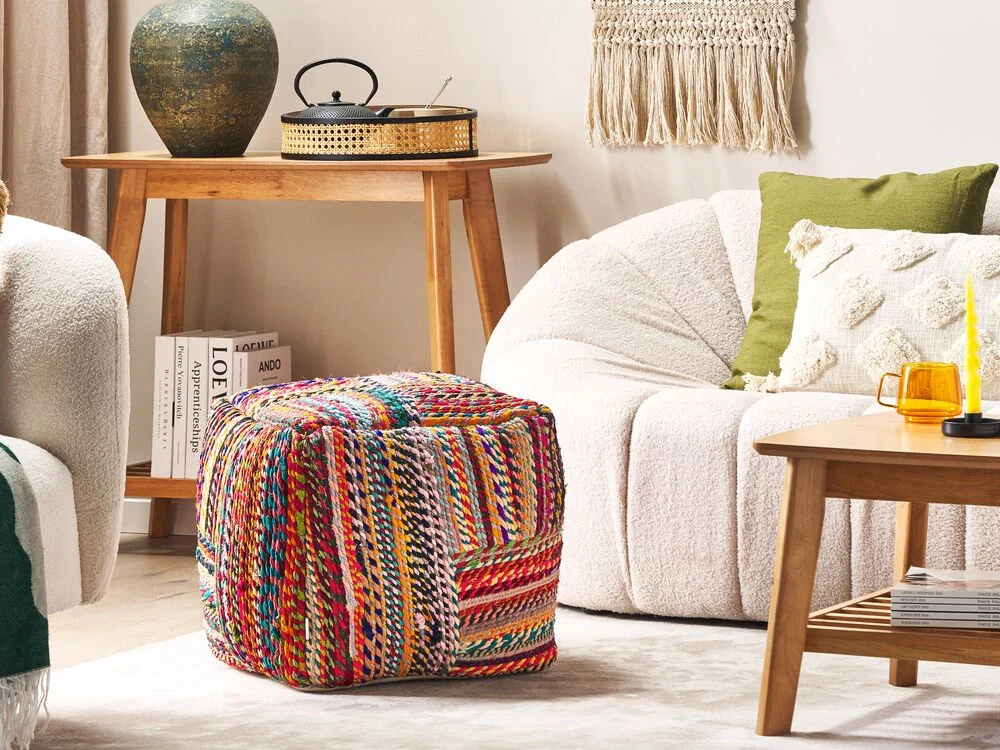 Pouf in cotone rosso blu arancione 40 x 40 cm imbottitura in EPS riciclato fatto a mano soggiorno boho - Image 4