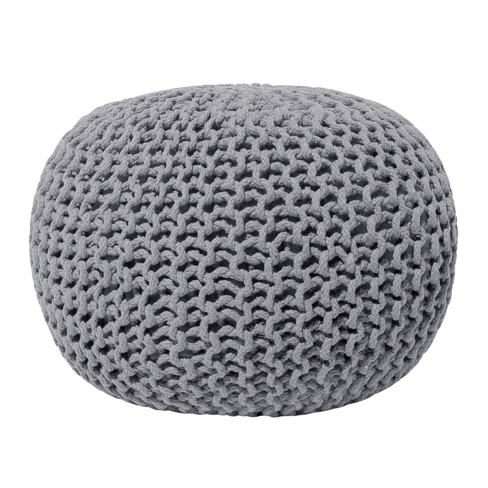 Pouf ottomana grigio scuro in cotone lavorato a maglia perline EPS riempimento rotondo piccolo poggiapiedi 50 x 35 cm