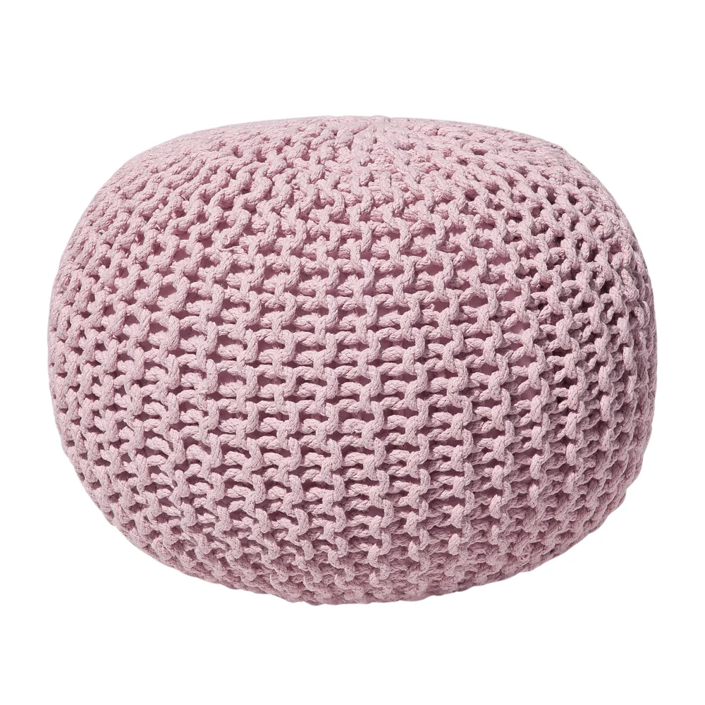Pouf ottomana rosa in cotone lavorato a maglia perline EPS riempimento rotondo piccolo poggiapiedi 50 x 35 cm