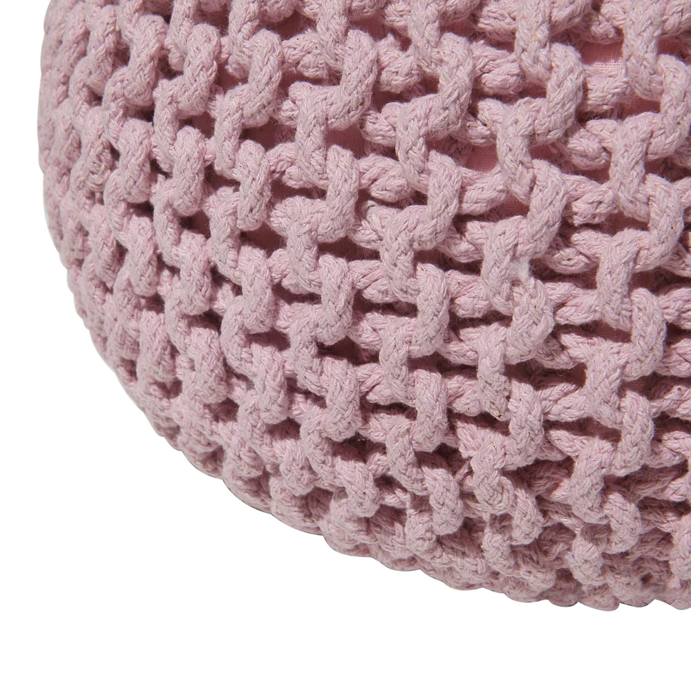 Pouf ottomana rosa in cotone lavorato a maglia perline EPS riempimento rotondo piccolo poggiapiedi 50 x 35 cm - Image 2