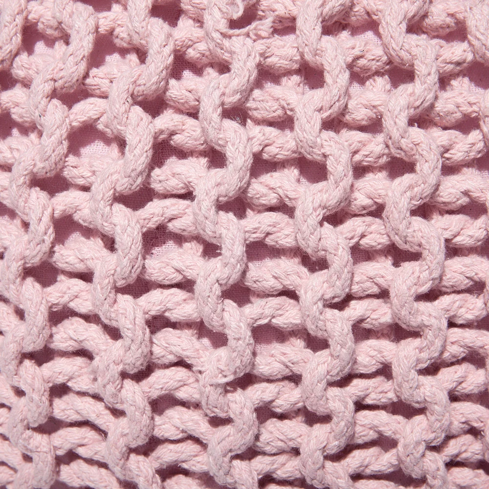 Pouf ottomana rosa in cotone lavorato a maglia perline EPS riempimento rotondo piccolo poggiapiedi 50 x 35 cm - Image 5