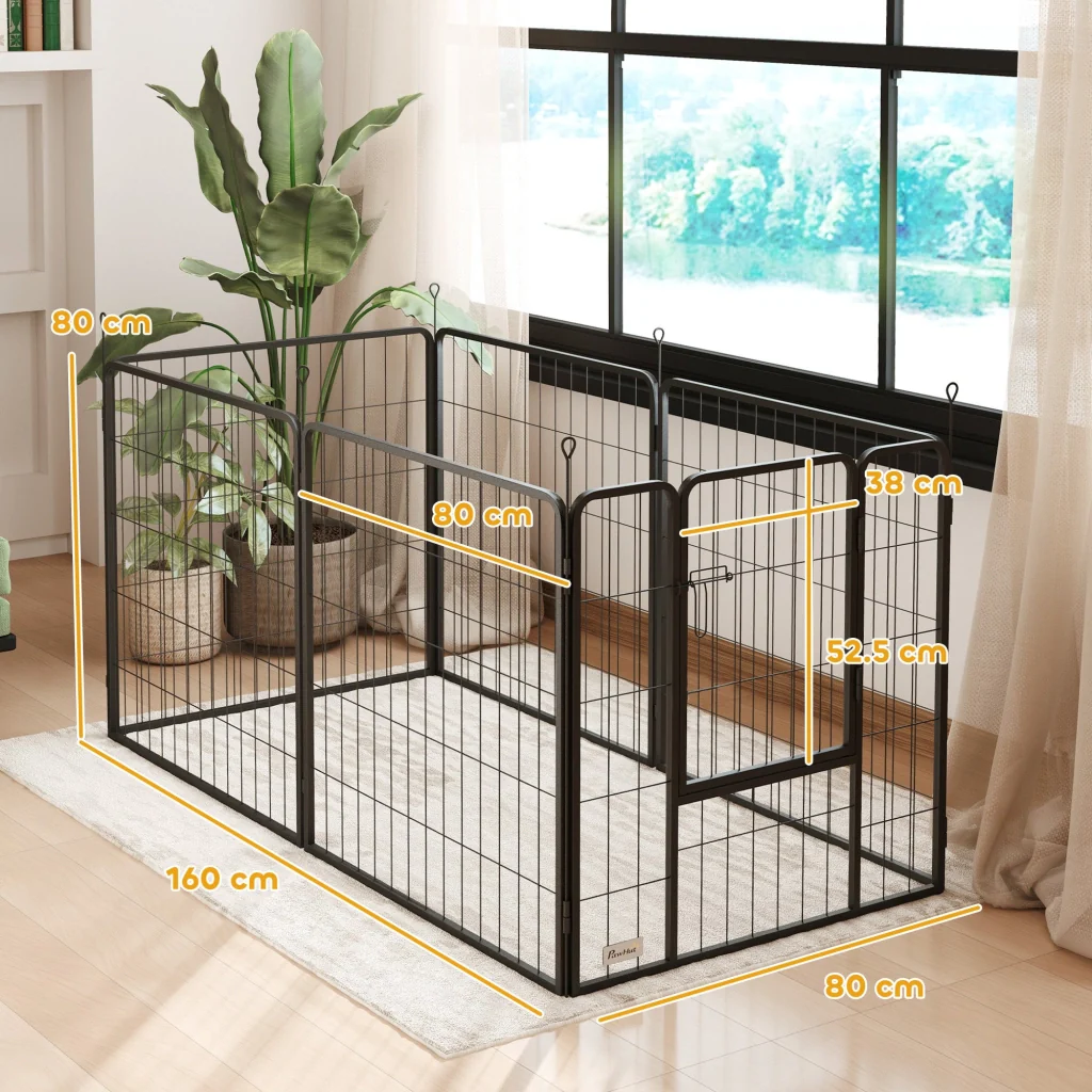 Recinto per Cani a 6 Pannelli Modulabili da 80x1,5x80A cm con Porta di Ingresso in Acciaio Nero - Image 3