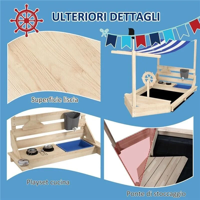 SABBIERA PER BAMBINI 3-7 ANNI CON TETTUCCIO E SET DA CUCINA, IN LEGNO DI ABETE, 180X103X144.5 CM - Image 10