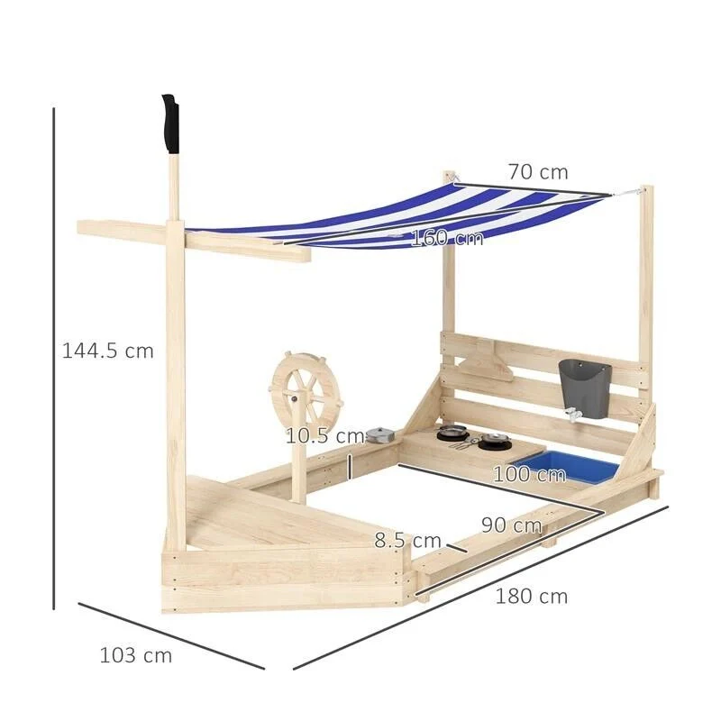 SABBIERA PER BAMBINI 3-7 ANNI CON TETTUCCIO E SET DA CUCINA, IN LEGNO DI ABETE, 180X103X144.5 CM - Image 5