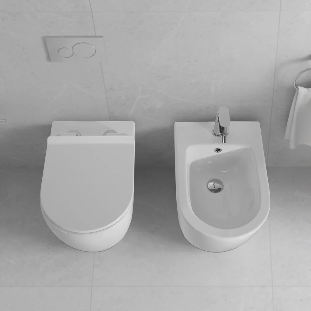 Sanitari filo parete traslati wc con sedile soft-close e bidet in ceramica bianca – Osaka - Image 3