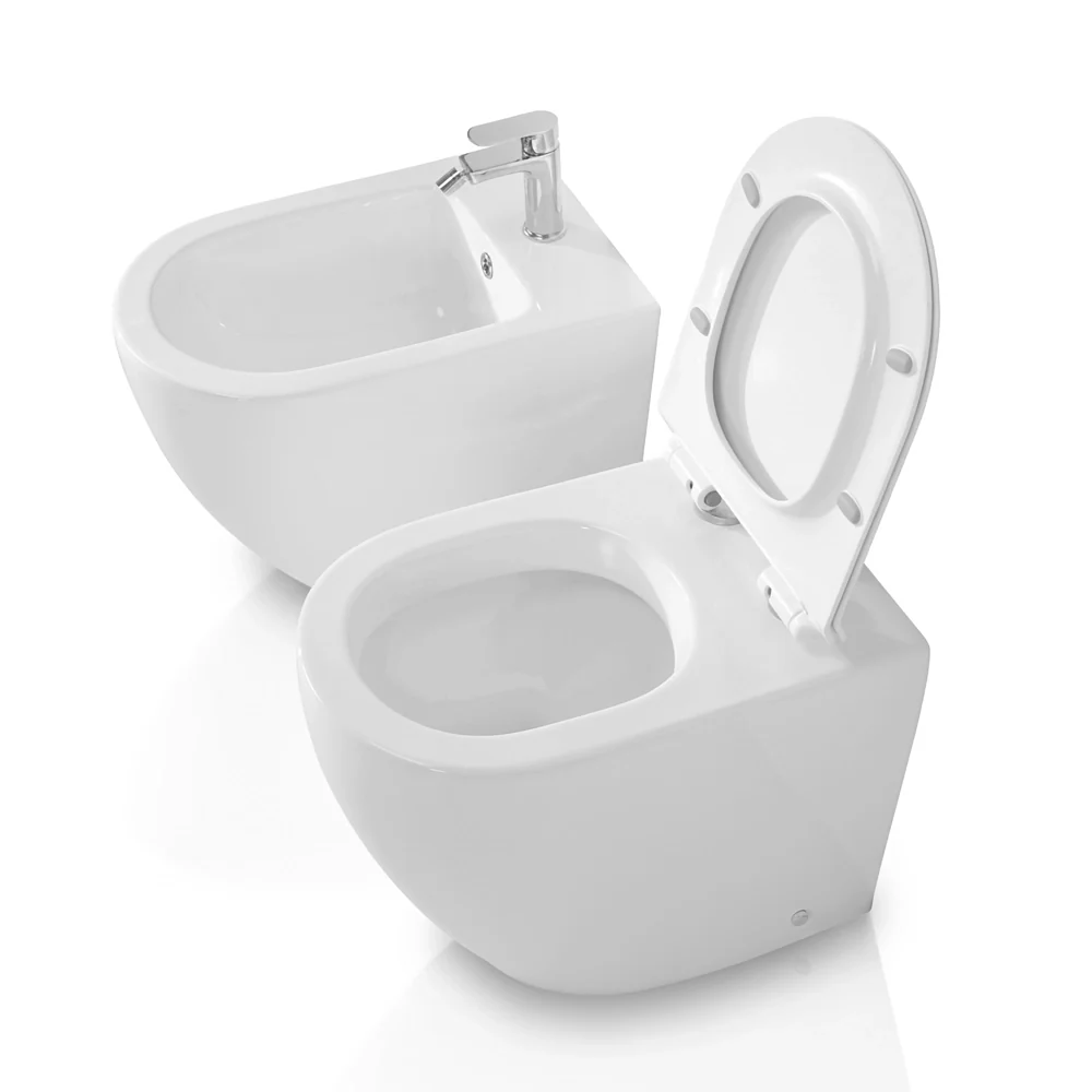 Sanitari filo parete traslati wc con sedile soft-close e bidet in ceramica bianca – Osaka - Image 7