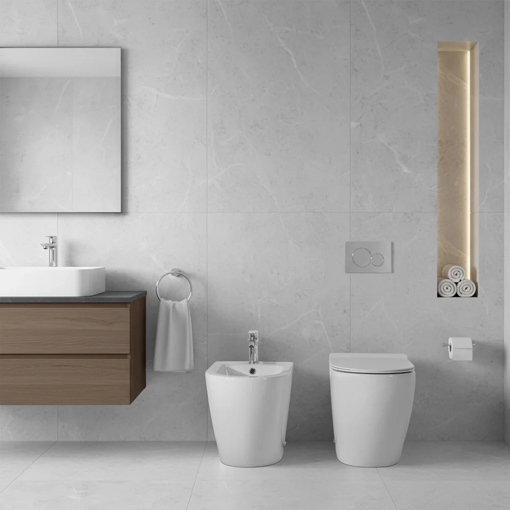 Sanitari filo parete traslati wc con sedile soft-close e bidet in ceramica bianca – Osaka - Image 9