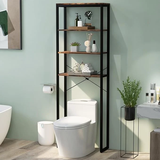 Scaffale Bagno 60 x 24 x 177 cm, Mobile Bagno Salvaspazio con 4 Ripiani in Legno e Telaio in Metallo, Mobiletto sopra Gabinetto per Soggiorno e Balcone, Nero e Marrone - Image 2