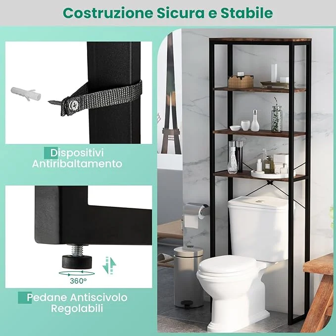 Scaffale Bagno 60 x 24 x 177 cm, Mobile Bagno Salvaspazio con 4 Ripiani in Legno e Telaio in Metallo, Mobiletto sopra Gabinetto per Soggiorno e Balcone, Nero e Marrone - Image 3